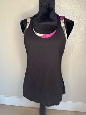 lululemon athletica Black Tank with built in Floral Sports Bra Size 10